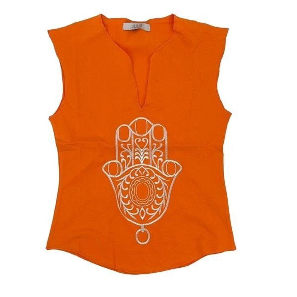 Julia Womens Split Neck Embroidered Hand Of Fatima Tank Top Orange Small NWOT